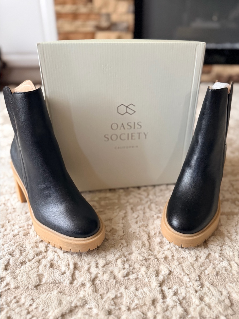 Oasis Society Black Leather Chelsea Boots with Tan Lug Sole